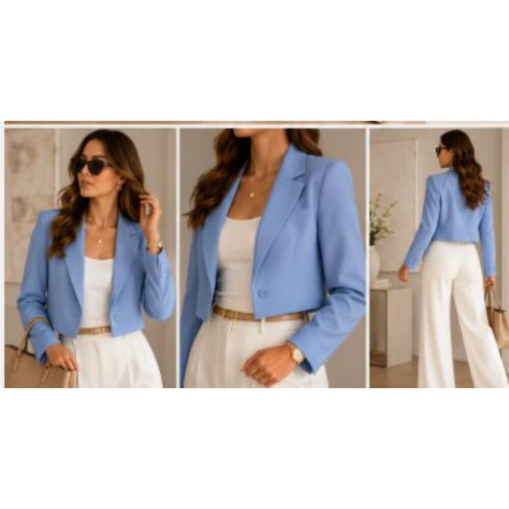 Gianni Bini Chambray Blue Cropped Blazer Button Long Sleeve Solid Size 12 - Picture 2 of 4